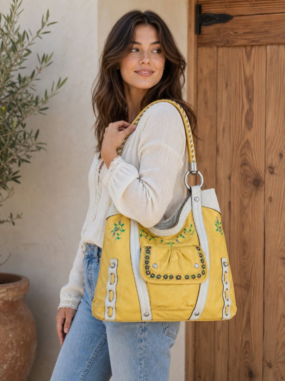 Hand Painted Yellow Floral Women’s Shoulder Bag